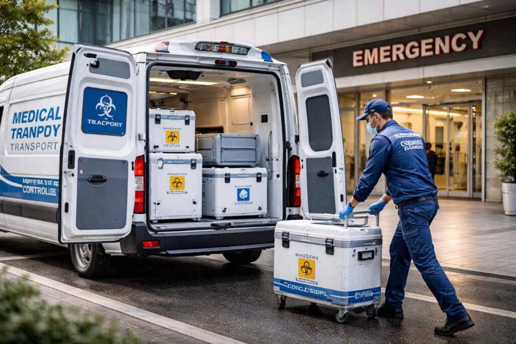 service de transport de matériel médical conforme aux normes pharmaceutiques, avec livraison rapide et urgente pour garantir la sécurité et la fiabilité des produits.